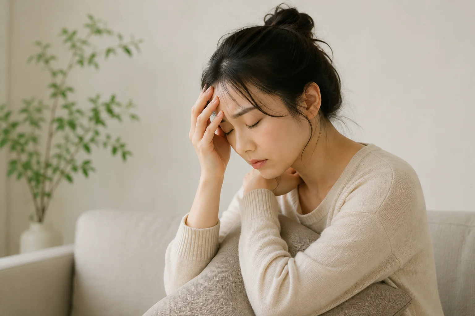 긴장과 스트레스로 머리를 감싸고 있는 여성