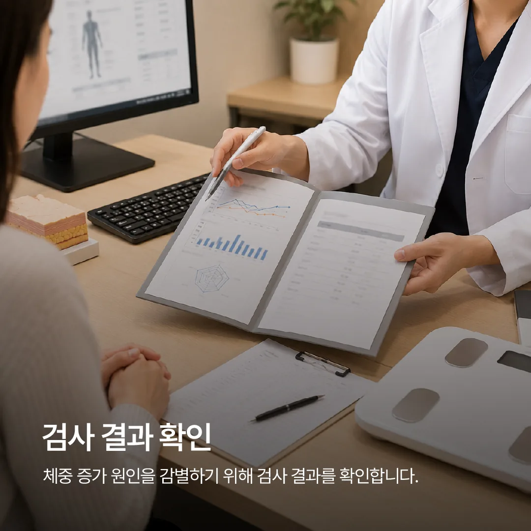 체중 증가 원인을 감별하기 위해 검사 결과를 확인하는 진료 장면
