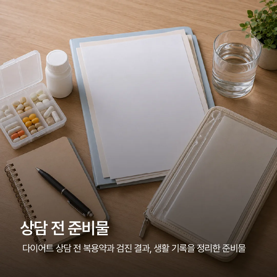 다이어트 상담 전 복용약과 검진 결과, 생활 기록을 정리한 준비물