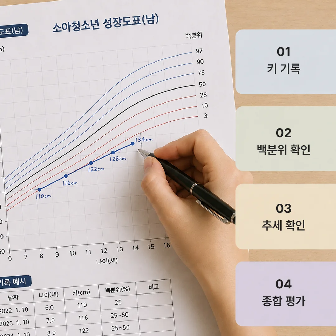 소아청소년 성장도표에 키를 기록해 백분위 추세를 확인하는 예시