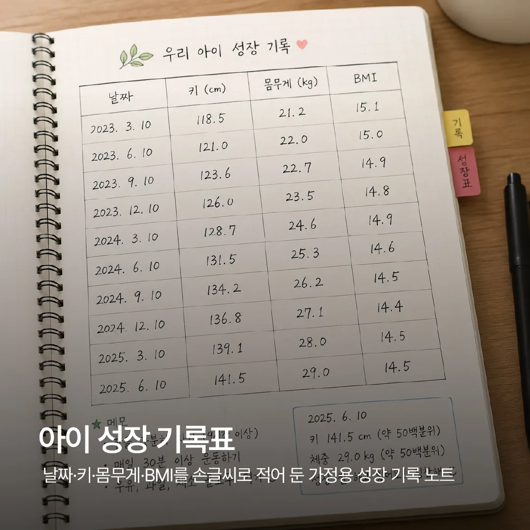 가정에서 아이의 키와 몸무게를 날짜별로 기록한 성장 기록표