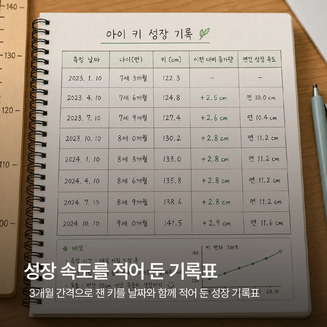 아이의 키 측정 날짜와 연간 성장 속도를 적어 둔 기록표