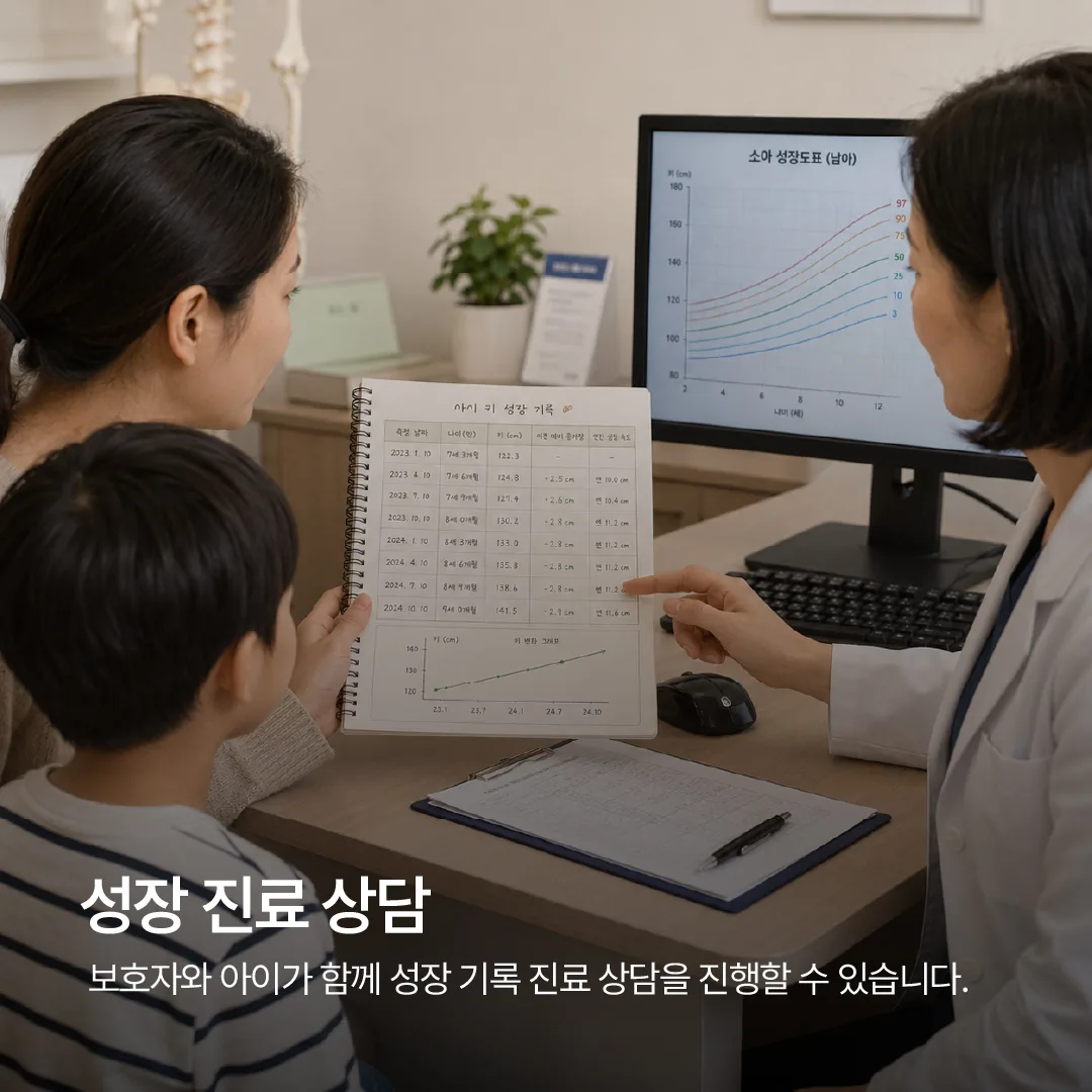 보호자가 아이의 성장 기록표를 들고 진료 상담을 받는 모습