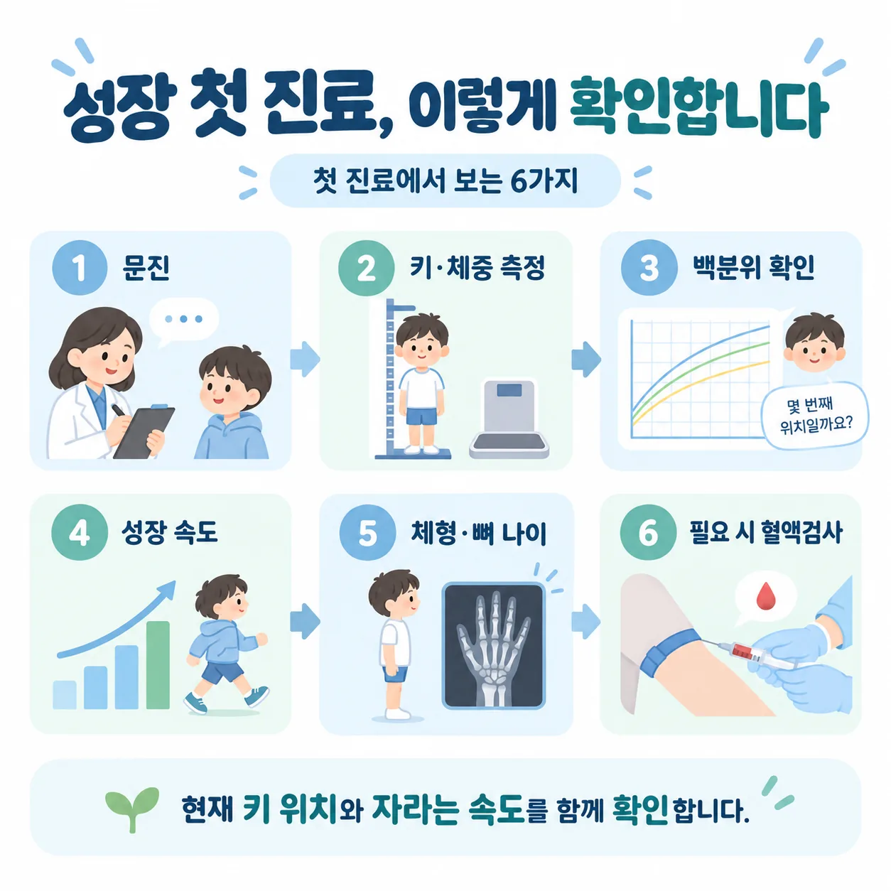 성장 첫 진료에서 확인하는 여섯 가지 순서 개념도