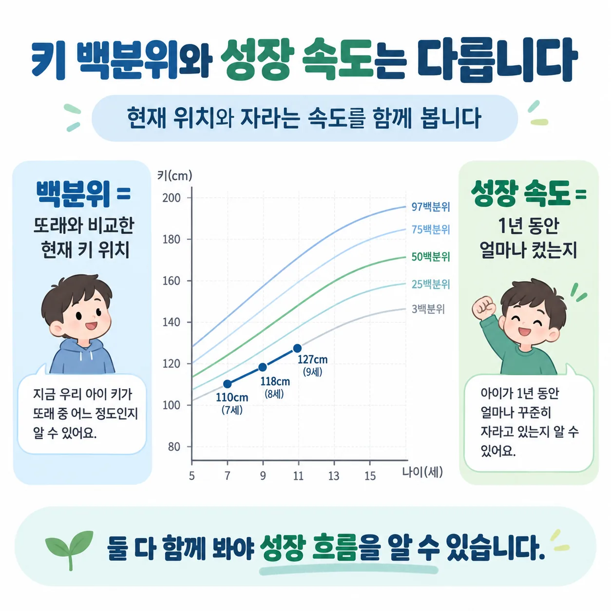 키 백분위 위치와 성장 속도 기울기를 함께 읽는 그래프